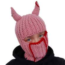 Load image into Gallery viewer, Halloween Funny Horns  Creative Knitted Hat Beanies Warm Full Face Cover Ski Mask Hat Windproof Balaclava Hat for Outdoor Sport
