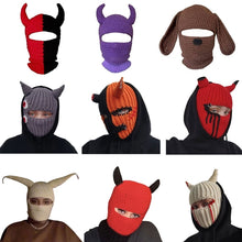 Load image into Gallery viewer, Halloween Funny Horns  Creative Knitted Hat Beanies Warm Full Face Cover Ski Mask Hat Windproof Balaclava Hat for Outdoor Sport
