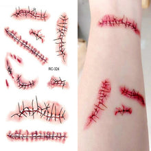 Load image into Gallery viewer, Halloween Terror Sticker Temporary Tattoo Stickers Non-toxic Long Lasting Terror Realistic Stitched Injuries Wounds Party Decor
