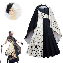Load image into Gallery viewer, Movie Cruella De Vil Cosplay Costumes Kids Gown Black White Maid Dress Halloween Party Dress with Cloak Wig
