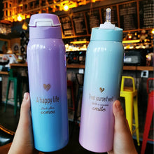 Load image into Gallery viewer, 480ML Insulated Thermals Milk&amp;Coffee Cup18/8 Stainless Steel Thermos Straw Water Bottle Gradient Sports Vacuum Flask
