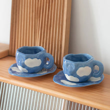 Load image into Gallery viewer, Japanese Hand Painted The Blue Sky and White Clouds Coffee Cup With Saucer Ceramic Handmade Tea Cup Saucer Set Cute Gift For Her

