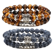 Load image into Gallery viewer, Black Lava Tiger Eye Weathered Stone Bracelets Bangles Classic Owl Beaded Natural Charm Bracelet for Women and Men Yoga Jewelry
