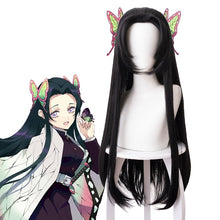 Load image into Gallery viewer, Kochou Kanae Wig Anime Demon Slayer Kimetsu no Yaiba Cosplay Synthetic Black Long Hair Butterfly Headwear Halloween Cos Props
