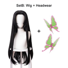 Load image into Gallery viewer, Kochou Kanae Wig Anime Demon Slayer Kimetsu no Yaiba Cosplay Synthetic Black Long Hair Butterfly Headwear Halloween Cos Props
