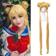 Load image into Gallery viewer, L-email wig Synthetic Hair Usagi Tsukino Cosplay Wigs Super Long Blonde Wigs with Buns Heat Resistant Cosplay Wig Halloween

