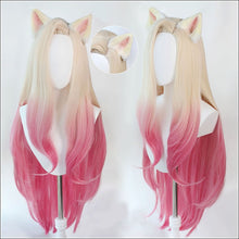 Load image into Gallery viewer, LOL KDA Baddest Ahri Cosplay Wig with Ears Heat Resistant Synthetic Hair Blonde Mixed Pink Heat Resistant Hair Wigs + Wig Cap
