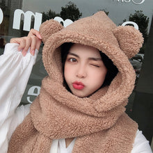Load image into Gallery viewer, Lamb Velvet Hat Woman Winter Warm And Cold Hooded Scarf Gloves 3-in-1 Sets  Female Cute Bear Ear Protection Cotton Cap With Ears
