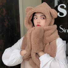 Load image into Gallery viewer, Lamb Velvet Hat Woman Winter Warm And Cold Hooded Scarf Gloves 3-in-1 Sets  Female Cute Bear Ear Protection Cotton Cap With Ears
