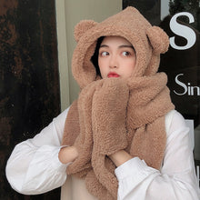 Load image into Gallery viewer, Lamb Velvet Hat Woman Winter Warm And Cold Hooded Scarf Gloves 3-in-1 Sets  Female Cute Bear Ear Protection Cotton Cap With Ears
