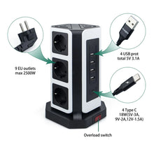 Load image into Gallery viewer, Multiple Vertical Power Strip EU Electrical Plug Outlet 9 Way Socket Tower USB-C Ports 2m Cable Surge Short Circuit Protection
