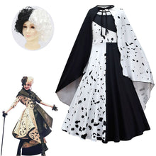 Load image into Gallery viewer, Movie Cruella De Vil Cosplay Costumes Kids Gown Black White Maid Dress Halloween Party Dress with Cloak Wig
