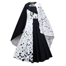 Load image into Gallery viewer, Movie Cruella De Vil Cosplay Costumes Kids Gown Black White Maid Dress Halloween Party Dress with Cloak Wig
