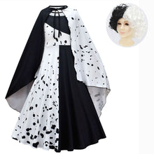 Load image into Gallery viewer, Movie Cruella De Vil Cosplay Costumes Kids Gown Black White Maid Dress Halloween Party Dress with Cloak Wig
