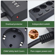 Load image into Gallery viewer, Multiple Power Strip Surge Protection EU Plug Electrical Extension Sockets USB 5 way Outlets Independent Switch Control 2m Cord

