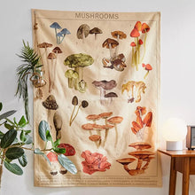 Load image into Gallery viewer, Mushroom Tapestry Wall Hanging Botanical Print Floral Illustration Identification Chart Diagram Illustration Wall Art Boho Decor
