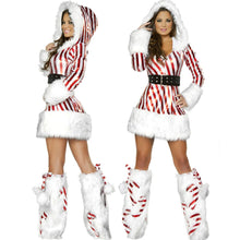 Load image into Gallery viewer, Christmas Dress Women Christmas Costume For Adult Striped Velvet Fur Dresses Hooded Sexy Female Santa Claus Costume
