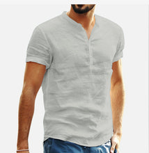 Load image into Gallery viewer, Men's Stand Collar Short Sleeve V-neck Cotton Linen Shirt
