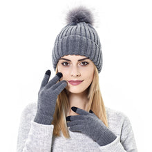 Load image into Gallery viewer, Women's Knit Hat Set 2021new Outdoor Keep Warm Touch Screen Knitting Wool Gloves Hat Two-Piece Set
