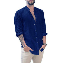 Load image into Gallery viewer, Men's New Linen Cardigan Solid Color Casual Stand Collar Long Sleeve Shirt
