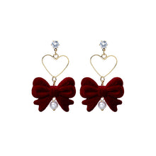 Load image into Gallery viewer, Red Vintage Flocking Bow Tassel Earrings Christmas Earrings Wine Red Fur Ball Pearl Earrings
