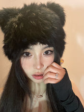 Load image into Gallery viewer, Black Bear Ears Rabbit Fur Hat Children's Cute Plush Toque Cold-Proof Warm Knitted Hat Leather
