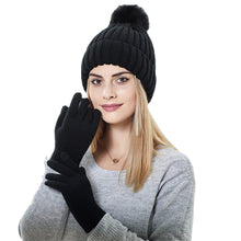 Load image into Gallery viewer, Women's Knit Hat Set 2021new Outdoor Keep Warm Touch Screen Knitting Wool Gloves Hat Two-Piece Set
