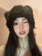 Load image into Gallery viewer, Black Bear Ears Rabbit Fur Hat Children's Cute Plush Toque Cold-Proof Warm Knitted Hat Leather
