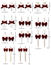 Load image into Gallery viewer, Red Vintage Flocking Bow Tassel Earrings Christmas Earrings Wine Red Fur Ball Pearl Earrings
