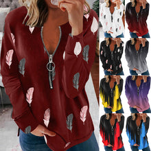 Load image into Gallery viewer, Autumn and Winter V-neck Zipper Feather Printed Long Sleeve Loose T-shirt for Women
