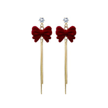 Load image into Gallery viewer, Red Vintage Flocking Bow Tassel Earrings Christmas Earrings Wine Red Fur Ball Pearl Earrings

