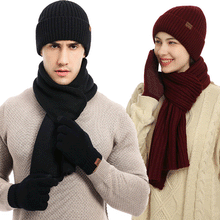 Load image into Gallery viewer, Autumn and Winter New Knitted Hat Suit Men's and Women's Winter Solid Color Scarf Hat Three-Piece Set

