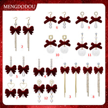 Load image into Gallery viewer, Red Vintage Flocking Bow Tassel Earrings Christmas Earrings Wine Red Fur Ball Pearl Earrings
