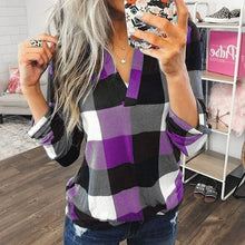 Load image into Gallery viewer, Top Spring and Autumn Shirt Women's Plaid Printed V-neck Middle Long Sleeve Tops Shirt
