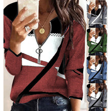 Load image into Gallery viewer, Women's Autumn and Winter Color Matching V-neck Zipper Women's plus Size Casual Sweatshirt Women's

