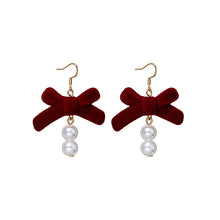 Load image into Gallery viewer, Red Vintage Flocking Bow Tassel Earrings Christmas Earrings Wine Red Fur Ball Pearl Earrings
