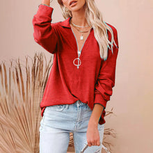 Load image into Gallery viewer, Women's Casual Solid Color Loose Zip V-neck Long Sleeve Large Size Loose Thread T-shirt
