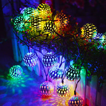 Load image into Gallery viewer, Christmas LED Solar Hollow Ball Lighting Chain Holiday Outdoor Courtyard Battery Box Wrought Iron Ball Ornamental Festoon Lamp
