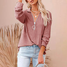 Load image into Gallery viewer, Women's Casual Solid Color Loose Zip V-neck Long Sleeve Large Size Loose Thread T-shirt
