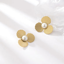 Load image into Gallery viewer, Gold Metal Pearl Flower Earrings Women's Fashion All-Match Three-Petal Earrings &amp; Stud Earrings
