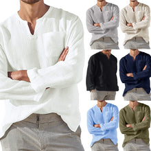 Load image into Gallery viewer, Men's Long Sleeve V-neck Casual Beach Linen Shirt
