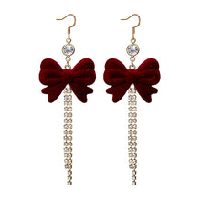 Load image into Gallery viewer, Red Vintage Flocking Bow Tassel Earrings Christmas Earrings Wine Red Fur Ball Pearl Earrings
