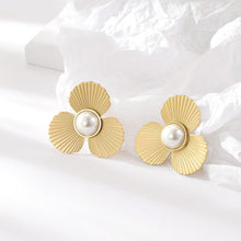 Load image into Gallery viewer, Gold Metal Pearl Flower Earrings Women's Fashion All-Match Three-Petal Earrings &amp; Stud Earrings
