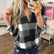 Load image into Gallery viewer, Top Spring and Autumn Shirt Women's Plaid Printed V-neck Middle Long Sleeve Tops Shirt
