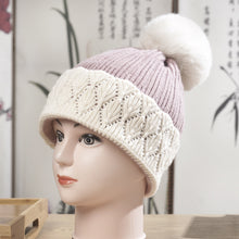 Load image into Gallery viewer, Hat Female Winter Fleece Lined Padded Warm Keeping Knitted Hat Fur Ball Color Matching Ten Flowers Woolen Cap Female

