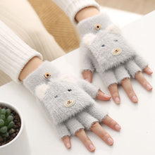 Load image into Gallery viewer, Fleece-Lined Thickened Student Cold-Proof Warm Half Finger Flip Writing Cartoon Bear Wool Knitted Gloves
