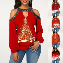 Load image into Gallery viewer, Christmas Outfit Women's Clothing Bright Crystal Patchwork Cold-Shoulder Christmas Clothes
