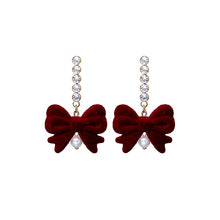 Load image into Gallery viewer, Red Vintage Flocking Bow Tassel Earrings Christmas Earrings Wine Red Fur Ball Pearl Earrings
