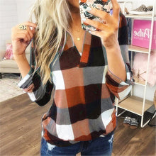 Load image into Gallery viewer, Top Spring and Autumn Shirt Women's Plaid Printed V-neck Middle Long Sleeve Tops Shirt
