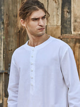 Load image into Gallery viewer, New Cotton Linen Shirt Youth Solid Color Simple round Neck Button Trendy Casual Long Sleeve Shirt

